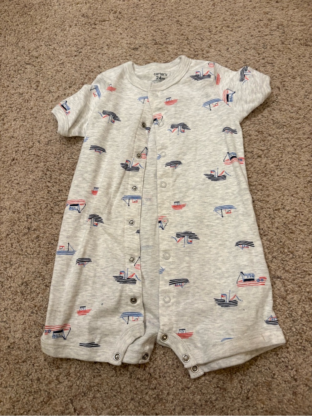 Carter’s Baby Romper One-Piece 24M Gray Nautical Boat Print Short Sleeve Snap